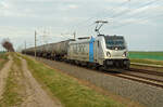 Mit einem Kesselwagenzug rollte 187 308 der Railpool am 26.03.22 durch Braschwitz Richtung Halle(S).