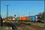 193 804-2 von Railpool ist für die EVB im Einsatz. Am 22.02.2014 fuhr die Vectron mit einem Containerzug durch Leipzig-Thekla.