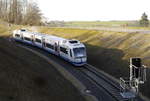 Integral 609 106, provisorisch als Regiobahn-Fahrzeug hergerichtet, hat den Hp Hahnenfurth/Düssel an der Neubaustrecke der S 28 verlassen und biegt gleich am Abzweig Dornap niveaugleich in die