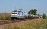 186 426 der RTB schleppte am 31.08.19 einen Kesselwagenzug durch Jeßnitz Richtung Bitterfeld.