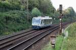 VT 6.012 der Rurtalbahn ist auf der KBS 485 zwischen Mnchengladbach und Rheydt an der Strasse Hangbuschweg unterwegs. Montag 13.September2010