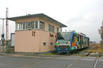 Fotohalt des Ottmar-Alt-Sprinters der Rurtalbahn an einem ehemaligen Stellwerk des Zülpicher Bahnhofs.
Aufnahmedatum: 5. Dezember 2004.