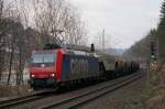 SBB Cargo 482 030 mit einem Güterzug auf der Elbtalbahn zwischen Kurort Rathen und Stadt Wehlen (Sächsische Schweiz), 16.03.2015
