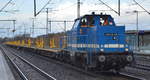 SLG - Spitzke Logistik GmbH, Großbeeren [D] mit  V 100-SP-028  [NVR:  92 80 1214 018-4 D-SLG ] mit einem Zug firmeneigener Oberbaustoffwagen am 19.02.20 Durchfahrt Bhf.