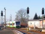 VT 110 und VT 111 (BR 650, RegioShuttle RS1) der Sd Thringen Bahn bei Ausfahrt aus Sonneberg (Thr) als STB 82925 nach Eisenach; 20.12.2007  