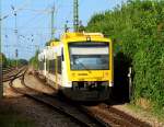 Bei Ausfall eines der beiden ET kommen auf der Münstertalbahn auch Regio-Shuttle der SWEG zum Einsatz, wie hier am 14.07.2015 bei der Einfahrt in Bad Krozingen