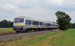 Ein RE nach Leipzig passiert am 31.07.16, geschoben von 223 053, Belgershain.