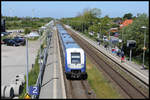 Ein NOB Wendezug hält hier am 29.5.2020 um 12.14 Uhr von Westerland kommend im Bahnhof Klanxbüll.
