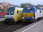 Begegnung: am 04.05.2009 treffen sich im Bahnhof Hamburg-Altona MaK 2700-07 der Nord-Ostsee Bahn (NOB) und die ER 20-001 (ebenfalls im Auftrage der NOB).