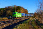 193 996 Railpool/TXL  Ökologik - Keine Füße, Kein Abdruck  mit einem LKW-Walter KLV-Zug bei Postbauer-Heng Richtung Nürnberg, 02.03.2021