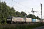 MRCE 185 408, vermietet an TX Logistik, ist am 07.06.14 in Diepholz mit einem KLV-Zug auf dem Weg Richtung Norden.