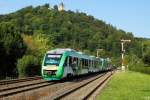 Der VT 267 von Vectus fhrt am 18.8.2011 als VEC 25545 in den Bahnhof Nassau ein. 