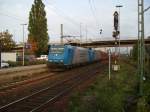 185 530-3 und 519-6 mit Leererzzug von Salzgitter nach Hamburg-Hansaport im Bahnhof Peine. Das Signal verrt, dass ein Zug
entweder in eine IC-berholung muss oder ein Leerstahlzug in
den Gterbahnhof Peine einfhrt.