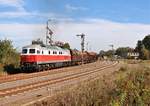 232 333-5 und 155 110-0 (WFL) fuhren am 03.10.20 einen Holzzug von Triptis nach Kaufering. Hier ist der Zug in Triptis bei der Ausfahrt zu sehen. 155 110-0 war am Zugschluss.