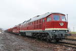 232 356-6 zusammen mit 155 110-0 (beide WFL) und einem Holzzug unter Beladung am Bahnhof Triptis am 21.3.2021