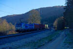 Eiskalt war es an diesem Tag in den schattigen Bereichen - 193 883 Boxxpress mit einem Containerzug bei Dollnstein Richtung Treuchtlingen, 23.11.2021