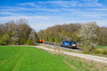 193 608 MRCE/Boxxpress mit einem Containerzug bei Steinach b. Rothenburg Richtung Ansbach, 20.04.2022