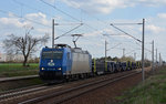 185-CL 006 der ITL beförderte am 08.04.16 den aus Zeithain kommenden Stahlzug durch Rodleben Richtung Magdeburg.