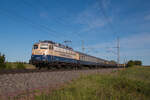Mit einem Sonderzug ist 110 383-7 der Centralbahn am 03.06.2023 auf der KBS 310 in Richtung Magdeburg unterwegs. Wahrscheinlich ein Sonderzug zum DFB-Pokalfinale in Berlin. 