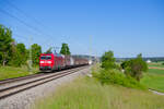 185 057 DB Cargo mit einem gemischten Güterzug bei Oberdachstetten Richtung Würzburg, 13.06.2021