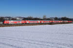 Eine DB Garnitur auf freier Strecke am 20.01.2026 bei Weidenbach. Es hat zwar schon lange nicht mehr geschneit, aber es ist so kalt, das hier noch eine durchgängige Schneefläche liegt.