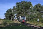 Am 08.09.26 erreicht 672 915 der DWE aus Dessau kommend den Haltepunkt Dessau-Adria.