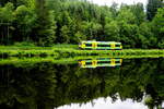 RegioShuttle 650 071 der Waldbahn (DLB, ex ODEG) spiegelt sich im Schwarzen Regen bei Gumpenried-Asbcah an der Strecke Gotteszell - Viechtach, die erfreulicherweise auch nach dem Ende des
