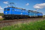 140 649 EG Potsdam mit zwei weitern Loks derselben Bauart im Schlepp von Dessau Richtung Magdeburg am 21.04.26 bei Roßlau.