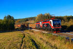 143 124 FKW/EBS und  143 056 FWK/EBS mit einem Holzzug bei Lehrberg Richtung Ansbach, 24.10.2021