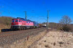 232 690 EBS und 232 083 EBS mit einem vollen Holzzug bei Feilitzsch Richtung Hof, 12.03.2022