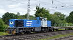 Flex Bahndienstleistungen GmbH, Leipzig [D] mit der MaK G 1206 Lok  D 05  [NVR-Nummer: 92 80 1275 842-3 D-DLB] und einem Ganzzug BLG Flachwagen für Fahrzeugtransporte (leer) am 08.07.22 Vorbeifahrt Bahnhof Dedensen Gümmer.