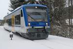 Stadler RS 1 mit dem 650 056 der Freiberger Eisenbahn bei der Ankunft im Bahnhof Holzhau im Januar 2026
