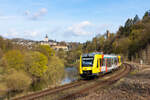 648 023 mit einem weiteren 648er bei der Ausfahrt aus Weilburg an der ehemaligen Abzweigung zum Gensberg Tunnel. 6.4.26