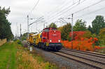 202 488 der MAED schleppte am 12.10.25 eine Stopfmaschine sowie eine Profiliermaschine durch Wittenberg-Labetz vorbei an der bunten Vegetation Richtung Falkenberg(E).