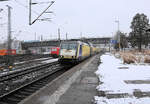 Metronom 146-09 fährt mit einem RE nach Lüneburg am 13.2.2026 um 13.17 Uhr in Hamburg-Harburg Gleis 4 ein.