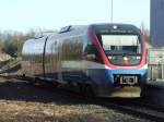 Ein Kurzzug der Prignitzer Eisenbahn, die die Strecke Oberhausen Hbf - Duisburg Ruhrort betreibt, kommt am fr�hen Abend des 23.03.2008 in den Endbahnhof Duisburg-Ruhrort.