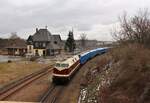 204 271-1 und 114 703-2 (Press) fuhren am 21.03.21 einen Hackschnitzelzug von Ebersdorf-Friesau nach Bad Lobenstein und weiter nach Saalfeld. Bis Bad Lobenstein war 118 757-4 (Press) am Zugschluss. Von Bad Lobenstein bis Wurzbach war 118 757-4 die Zuglok. Hier ist der Zug in Unterlemnitz zu sehen.