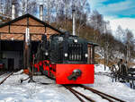 Die ehemalige DR-Schmalspurlok 199 007 am 05.02.2009 vor dem PRESS-Lokschuppen in Jöhstadt.