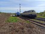 Railsystem RP 218 480-2 ( 9280 1218 480-2 D-RPRS ) und Press 253 014-9 ( 9280 1223 051-4 D-PRESS ) mit je einem Schwellenzug im Holzbahnhof Gera am 28.4.2026