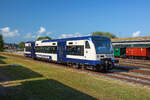 Press Triebwagen 650 074 in blau mit Bergmannsgruss im Zugzielanzeiger. - Putbus 04.07.2026