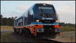 Raildox's Neue im Einsatz: RDX 2019 318-5 drückt am 07.04.2026 kurz nach Sonnenaufgang vom Güterbahnhof Lubmin kommend entlang des Freesendorfer Wegs einen Ganzzug Innofright-Rungenwagen zum dortigen Hafen.