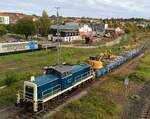 Railsystem RP 294 647-3 ( 9880 3293 647-3 D-RPRS ) beim Arbeitseinsatz auf der Gro�baustelle Gera HBF am 13.10.2026