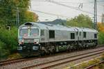 RheinCargo Class66 Doppeltraktion in Hilden, Oktober 2020.