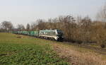 Die Starkenberger Gruppe 159 ist am 10.03.2026 in Baldenhain mit einem schweren Abraumzug auf der Wismutanschlussbahn nach Kayna unterwegs. 