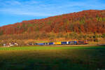 193 878 MRCE/TXL  Wir brennen für das was wir tun  mit einem KLV-Zug bei Breitenfurt Richtung Treuchtlingen, 23.11.2021