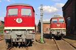 Zum 27.Heizhausfest in Chemnitz-Hilbersdorf sah man am 17.08.18 die 232 601-5 (WFL) und die 132 004-3(LEG) am Lokschuppen.