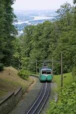 Zwischen Schloß Drachenburg und dem Drachenfelsgipfel ist ET 4 am 22.07.2021 unterwegs, im Hintergrund der Rhein