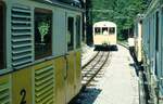 Wendelstein Zahnradbahn Begegnung an der Ausweichstation 'Aipl'__16-08-1973