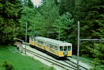 Zug der Wendelsteinbahn mit zwei Vorstellwagen (Abteilbauweise) bei der Ausweiche Aipl (Sommer 1984)