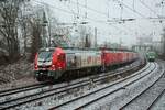 MEG 159 239-3 mit Lokzug DB 114 010-2, 114 040-9, 112 166-4, 112 149-0, 120 208-4, 120 207-6, 120 206-8, 112 103-7 120 203-5, 120 202-7 in Wuppertal nach Opladen, Januar 2026.